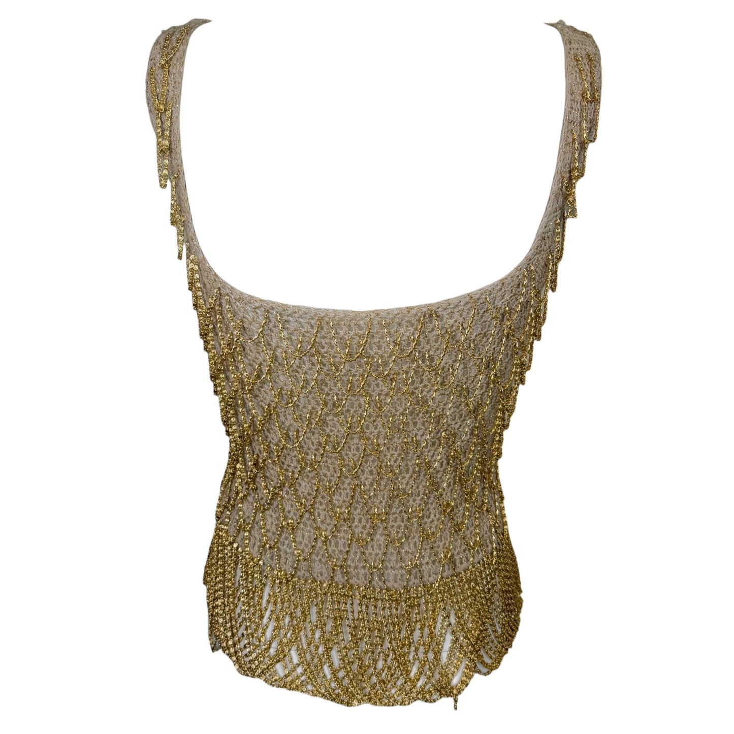 Vintage Loris Azzaro 1970s Beige & Gold Metallic Crochet Chain Tank Top – Size Small