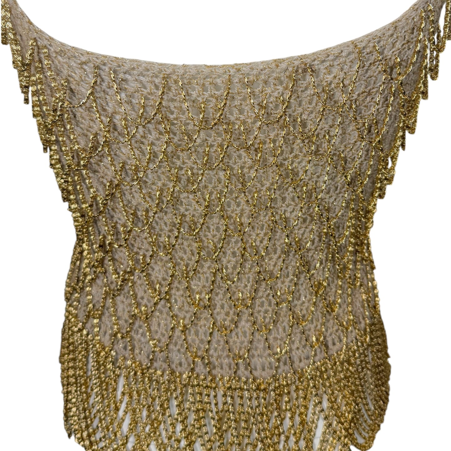 Vintage Loris Azzaro 1970s Beige & Gold Metallic Crochet Chain Tank Top – Size Small