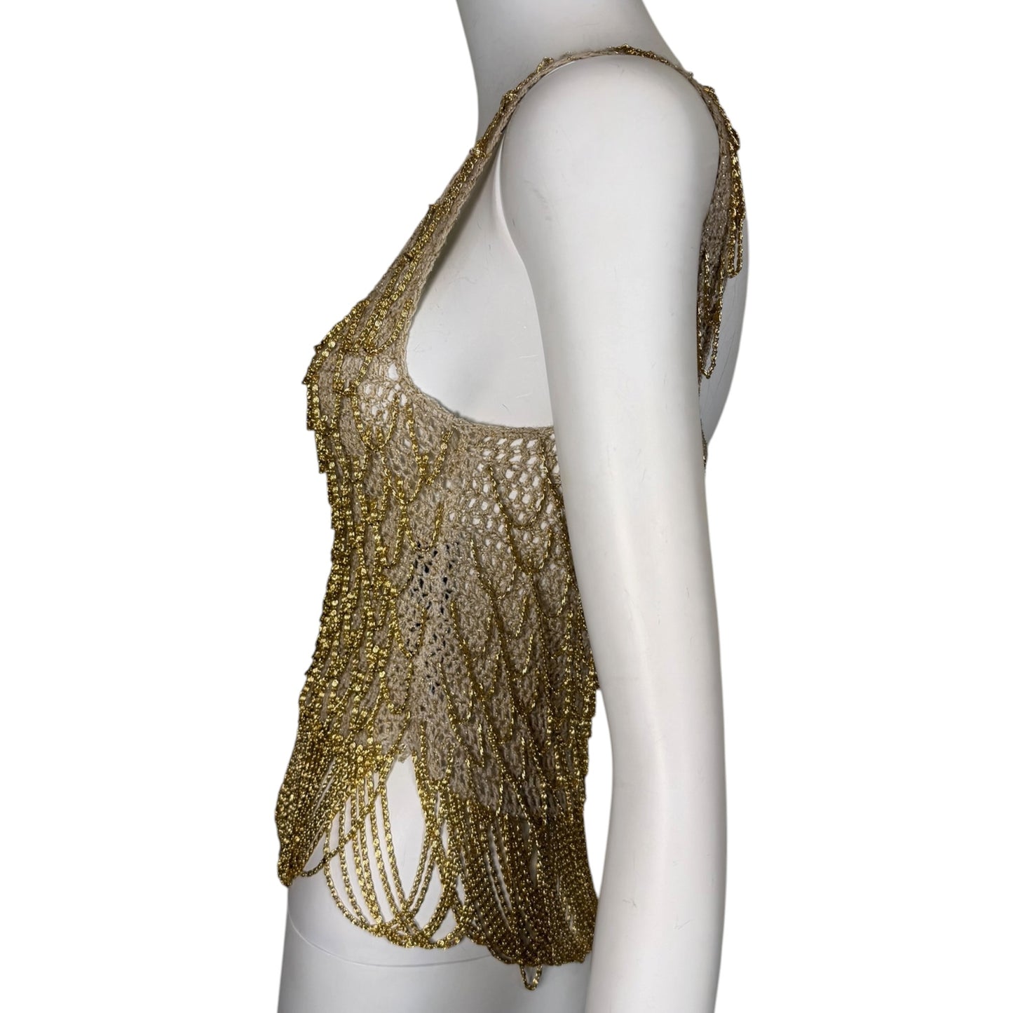 Vintage Loris Azzaro 1970s Beige & Gold Metallic Crochet Chain Tank Top – Size Small