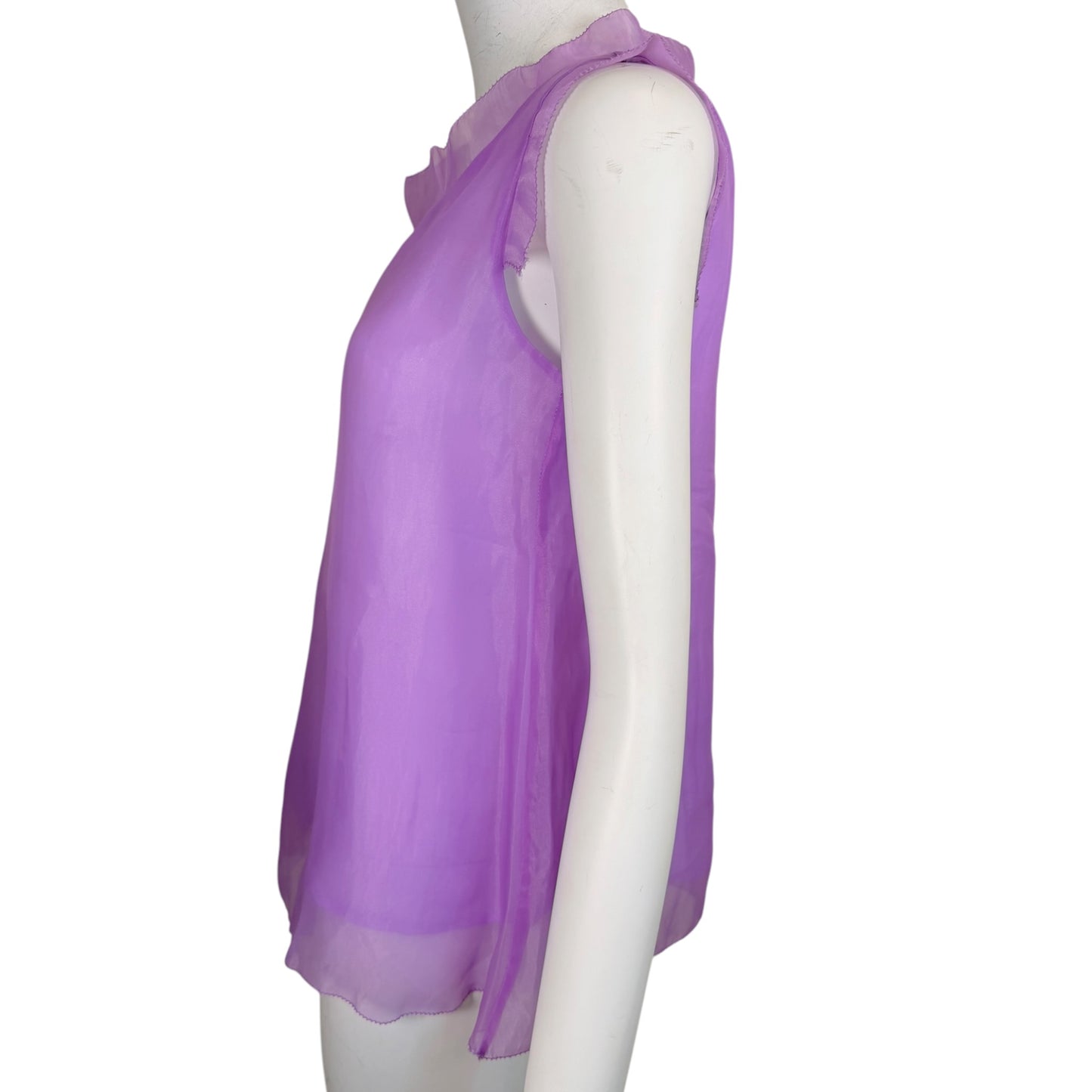 Vintage Miu Miu Lavender Sheer Silk Ruffle Neck Sleeveless Blouse Size M