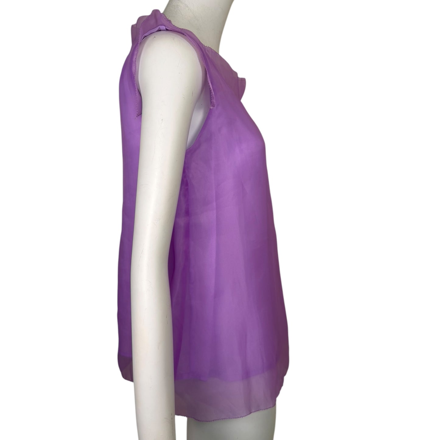 Vintage Miu Miu Lavender Sheer Silk Ruffle Neck Sleeveless Blouse Size M