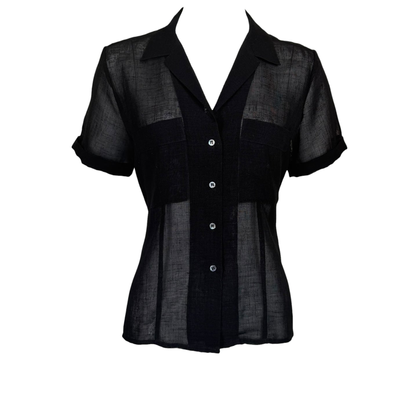 Vintage Christian Dior Sheer Black Short Sleeve Button Front Blouse