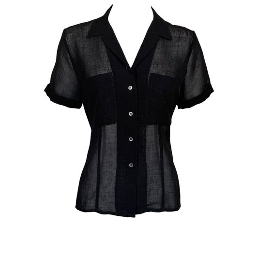 Vintage Christian Dior Sheer Black Short Sleeve Button Front Blouse