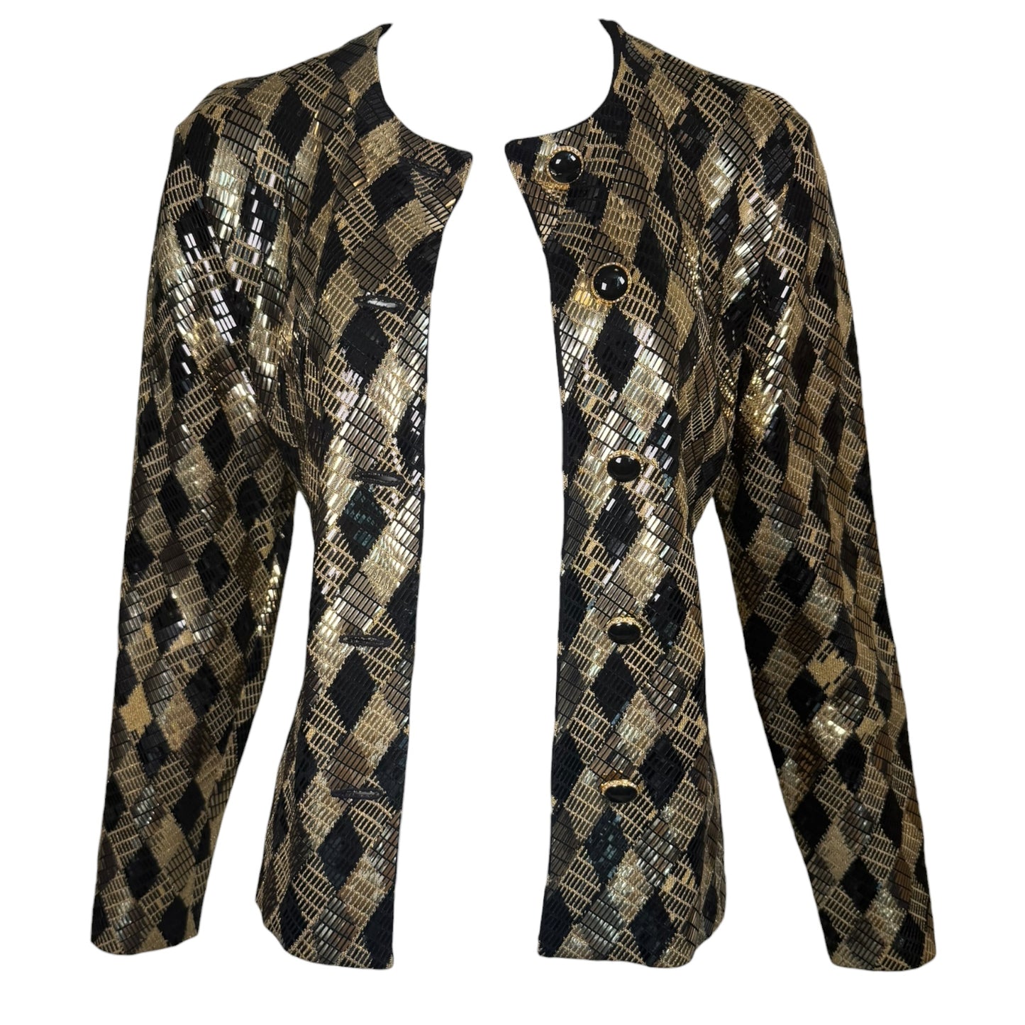 Vintage St. John by Marie Gray 1990s Black & Gold Harlequin Metallic Knit Cardigan Jacket – Size 2