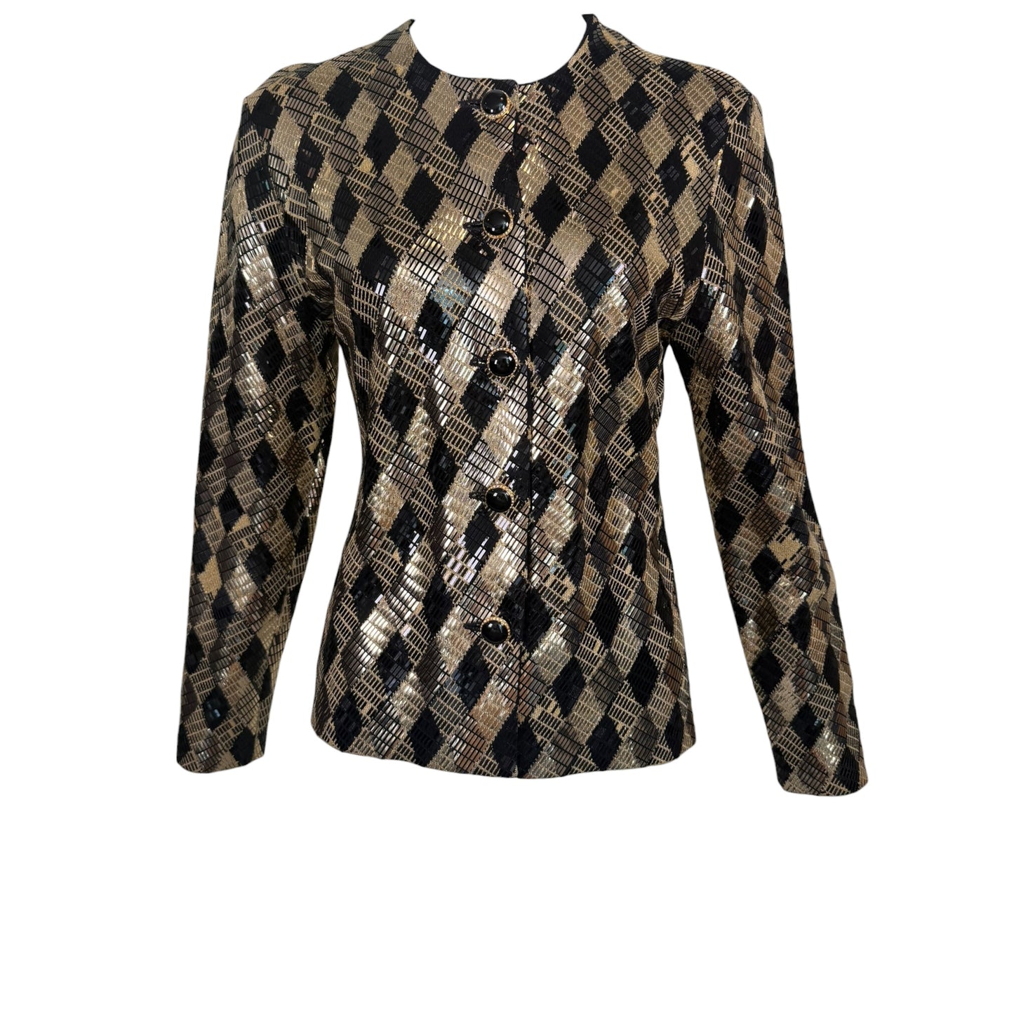 Vintage St. John by Marie Gray 1990s Black & Gold Harlequin Metallic Knit Cardigan Jacket – Size 2