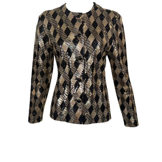 Vintage St. John by Marie Gray 1990s Black & Gold Harlequin Metallic Knit Cardigan Jacket – Size 2