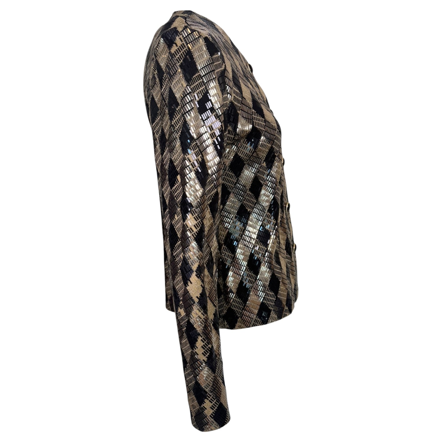 Vintage St. John by Marie Gray 1990s Black & Gold Harlequin Metallic Knit Cardigan Jacket – Size 2