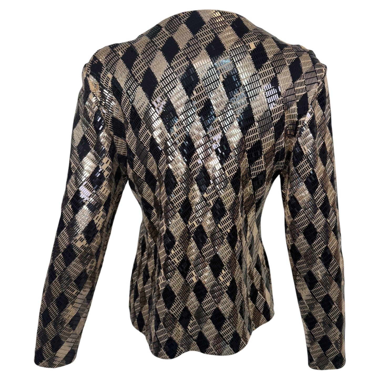 Vintage St. John by Marie Gray 1990s Black & Gold Harlequin Metallic Knit Cardigan Jacket – Size 2