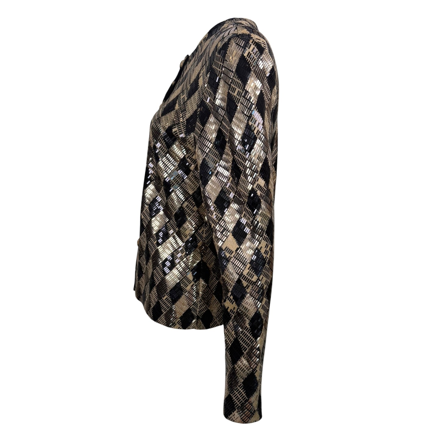 Vintage St. John by Marie Gray 1990s Black & Gold Harlequin Metallic Knit Cardigan Jacket – Size 2