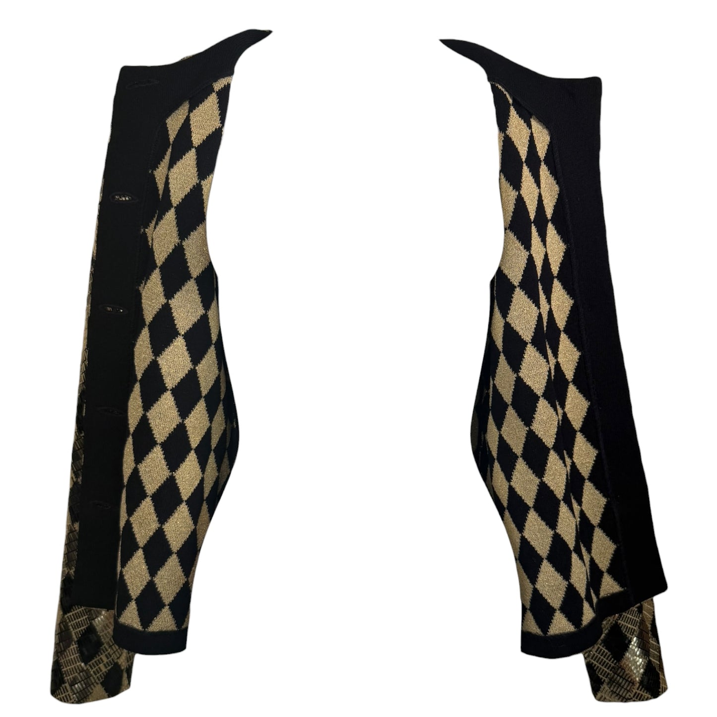 Vintage St. John by Marie Gray 1990s Black & Gold Harlequin Metallic Knit Cardigan Jacket – Size 2