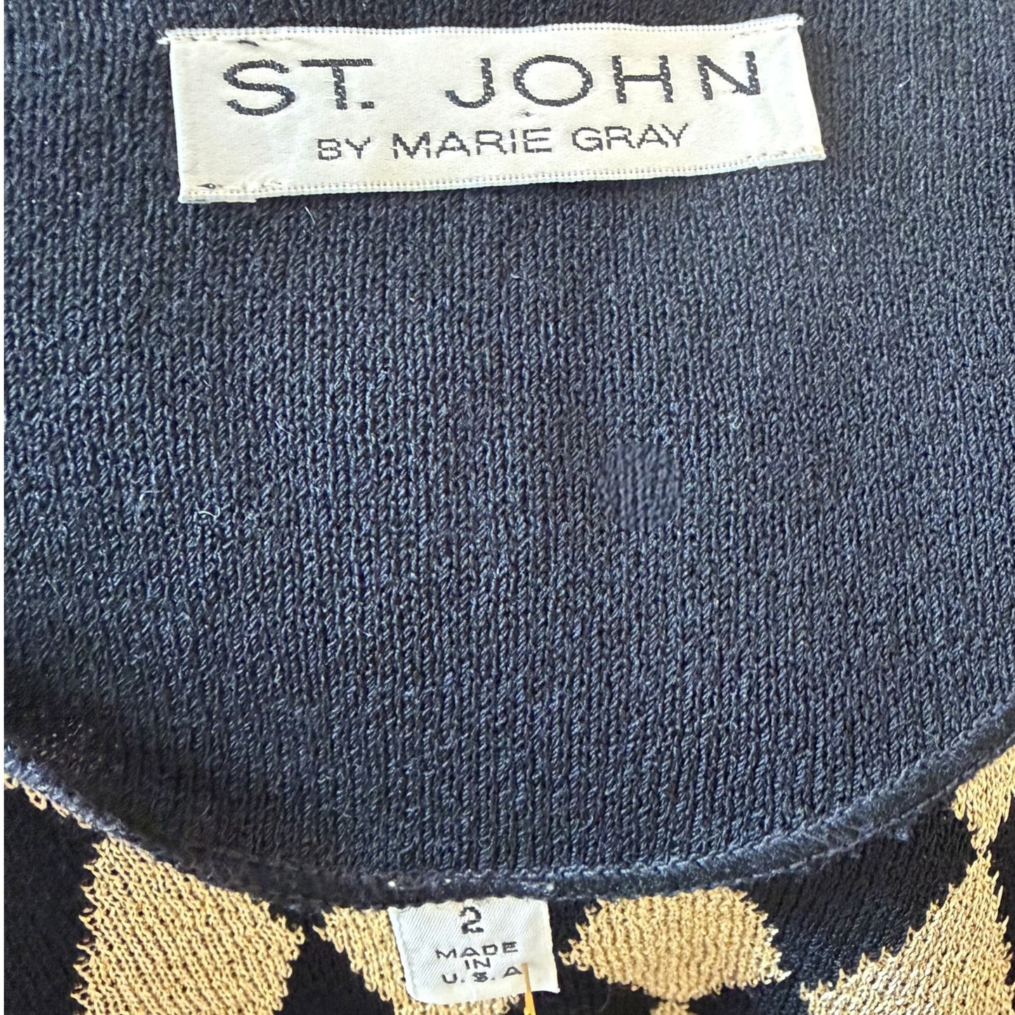 Vintage St. John by Marie Gray 1990s Black & Gold Harlequin Metallic Knit Cardigan Jacket – Size 2