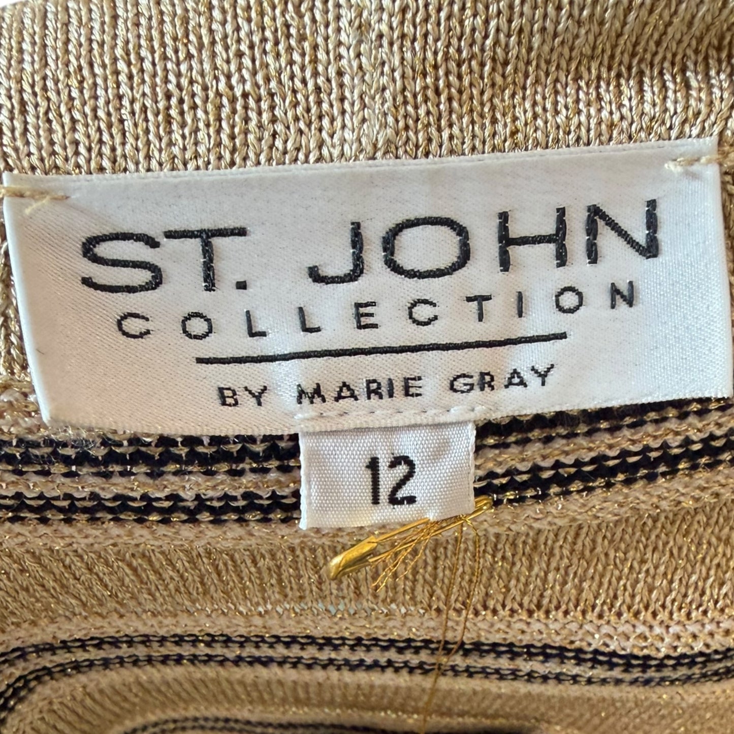 Vintage St. John by Marie Gray Gold Lurex Striped Knit Cardigan with Logo Statement Buttons – Size 12