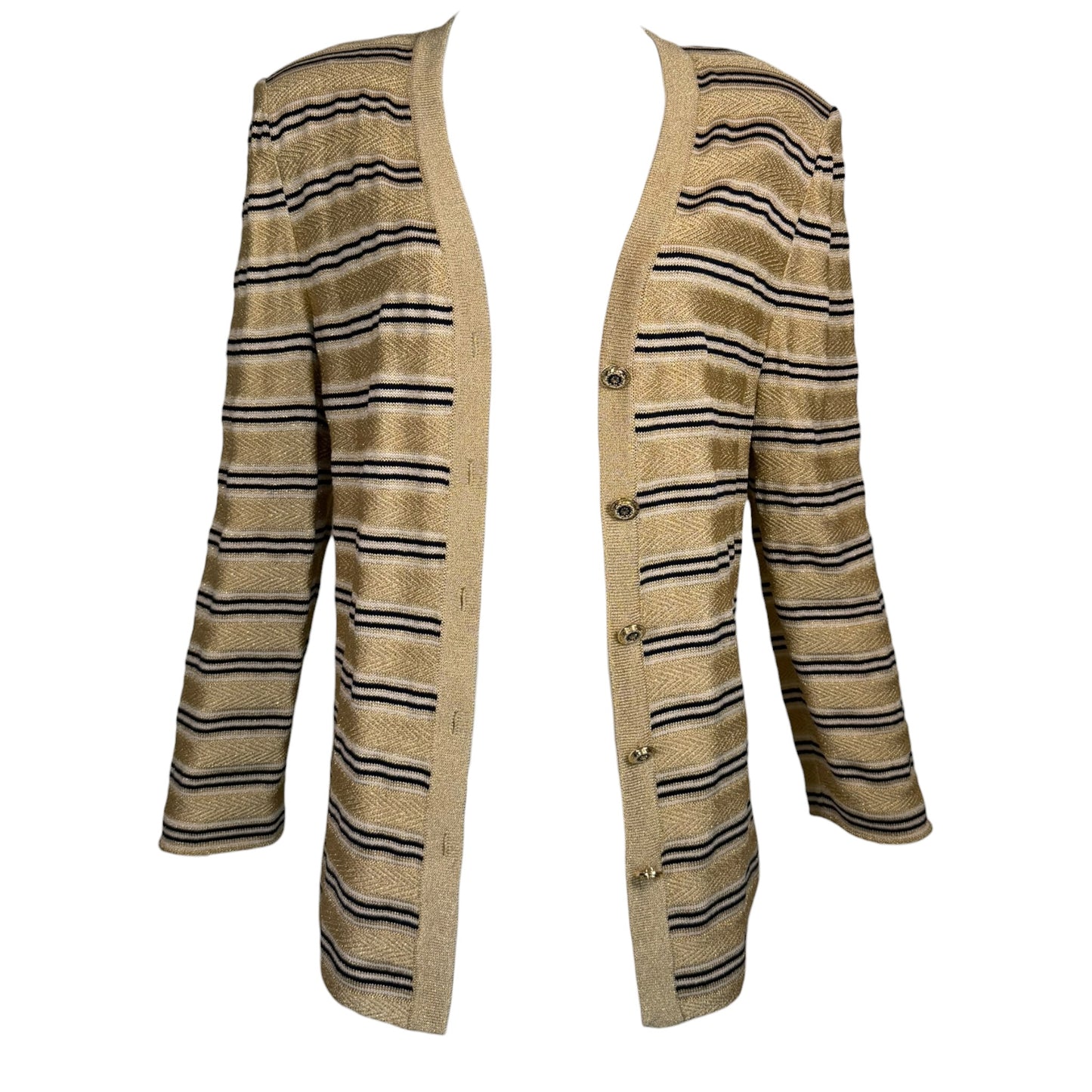 Vintage St. John by Marie Gray Gold Lurex Striped Knit Cardigan with Logo Statement Buttons – Size 12