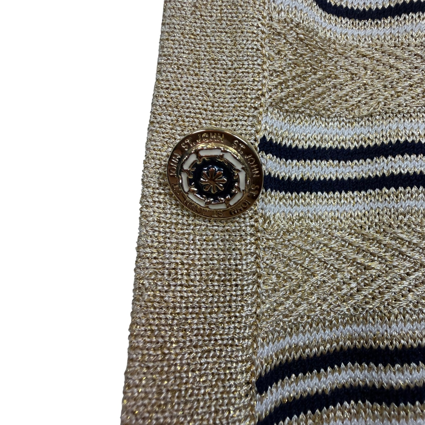 Vintage St. John by Marie Gray Gold Lurex Striped Knit Cardigan with Logo Statement Buttons – Size 12
