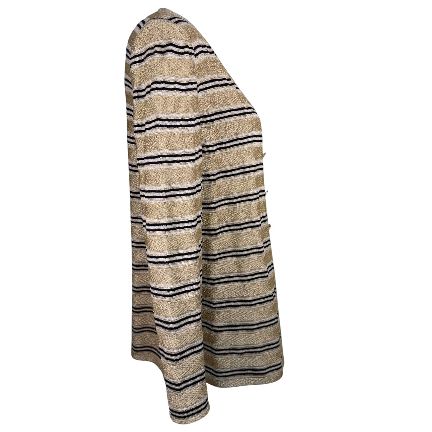Vintage St. John by Marie Gray Gold Lurex Striped Knit Cardigan with Logo Statement Buttons – Size 12