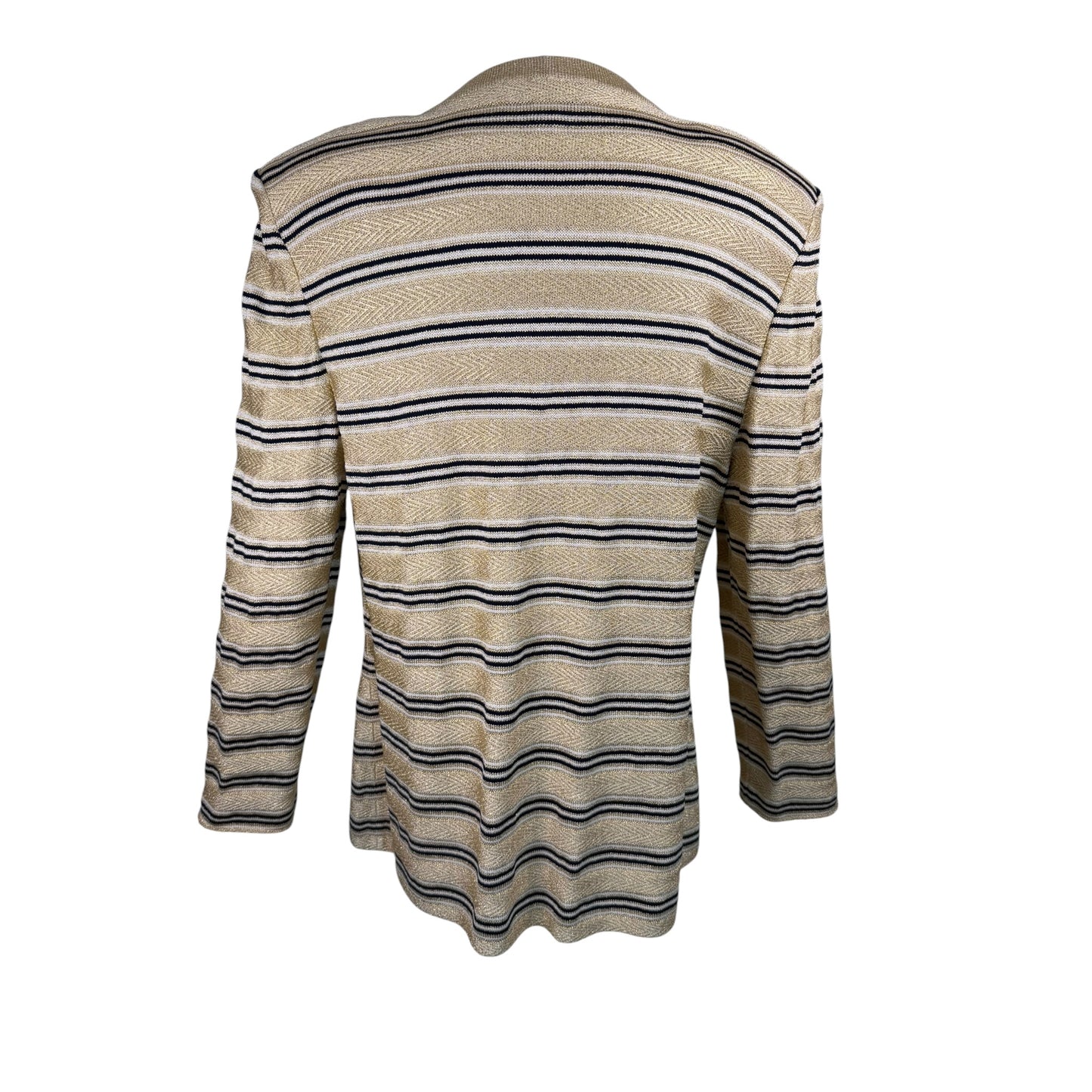 Vintage St. John by Marie Gray Gold Lurex Striped Knit Cardigan with Logo Statement Buttons – Size 12