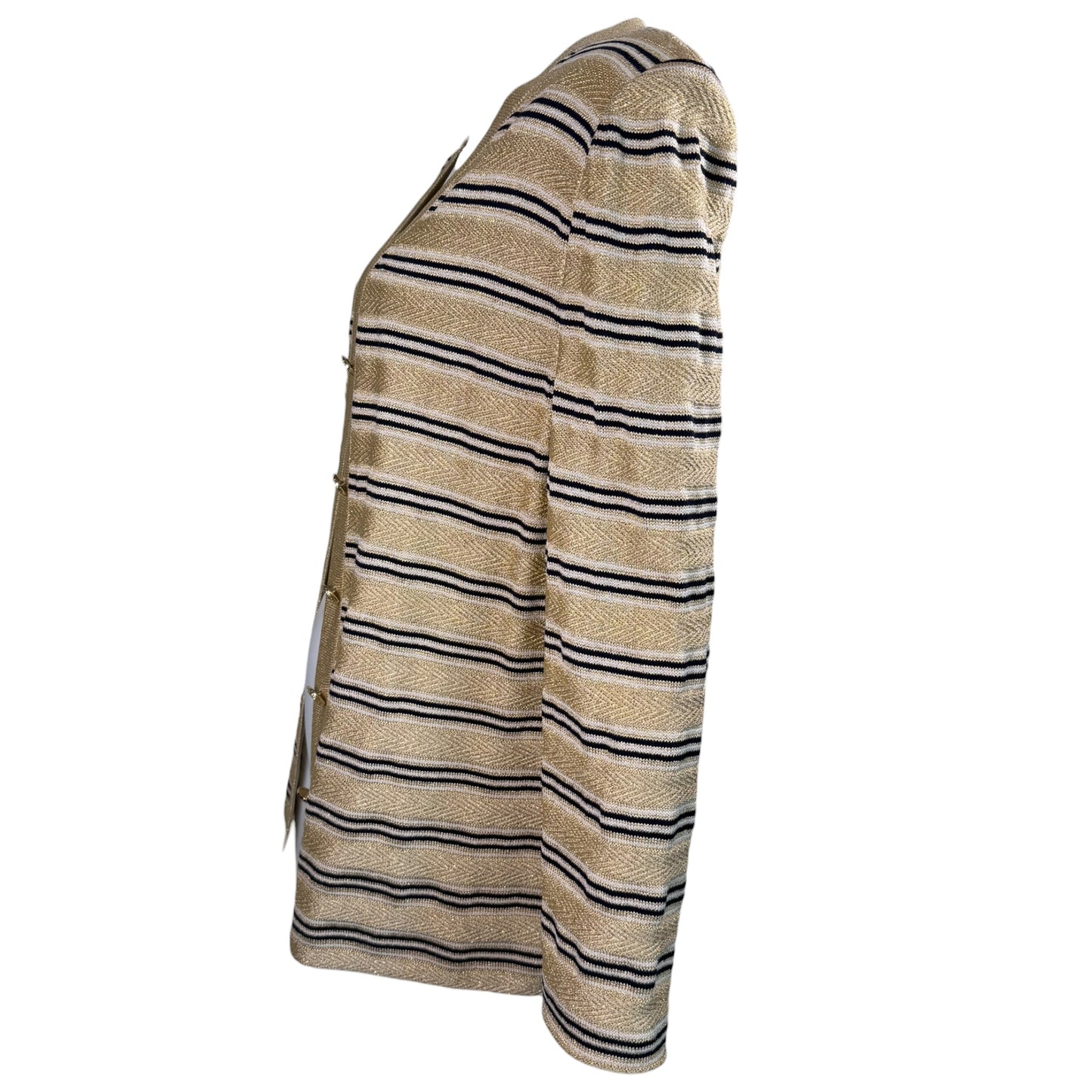 Vintage St. John by Marie Gray Gold Lurex Striped Knit Cardigan with Logo Statement Buttons – Size 12