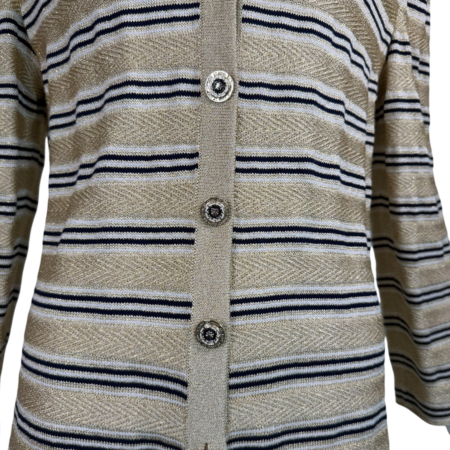 Vintage St. John by Marie Gray Gold Lurex Striped Knit Cardigan with Logo Statement Buttons – Size 12
