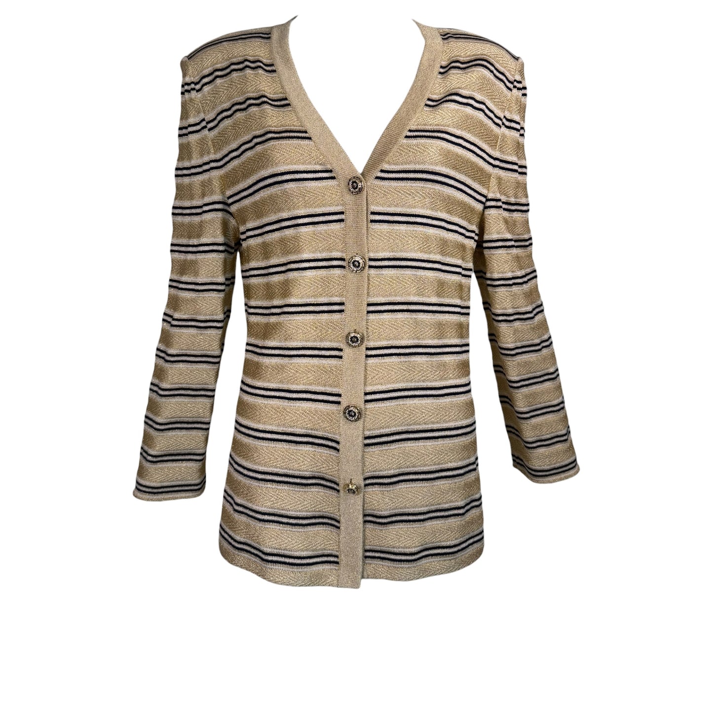Vintage St. John by Marie Gray Gold Lurex Striped Knit Cardigan with Logo Statement Buttons – Size 12