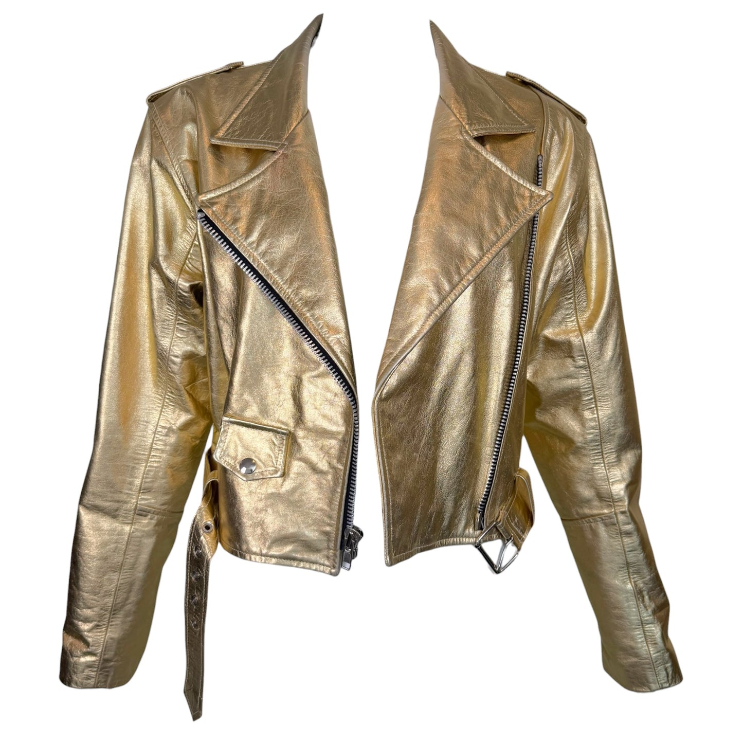 Vintage Musee 1980s Metallic Gold Cropped Leather Moto Jacket Made in USA - Size XL