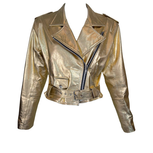 Vintage Musee 1980s Metallic Gold Cropped Leather Moto Jacket Made in USA - Size XL