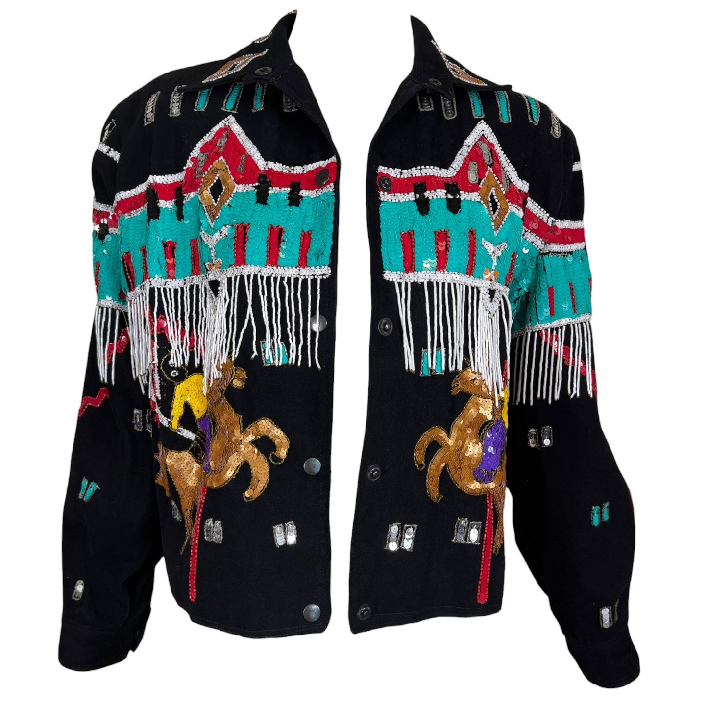Vintage Modi Denim Black Sequin Beaded Western Fringe Bomber Jacket – Size Medium