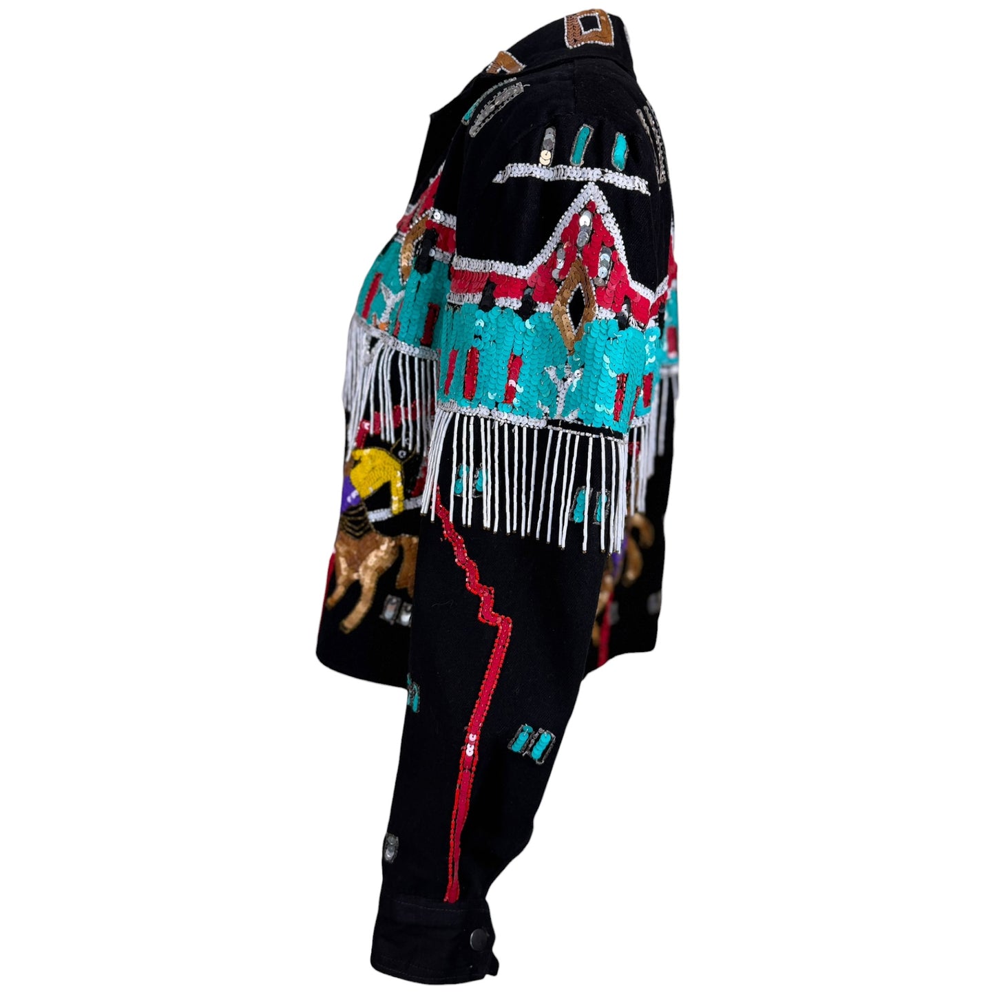 Vintage Modi Denim Black Sequin Beaded Western Fringe Bomber Jacket – Size Medium