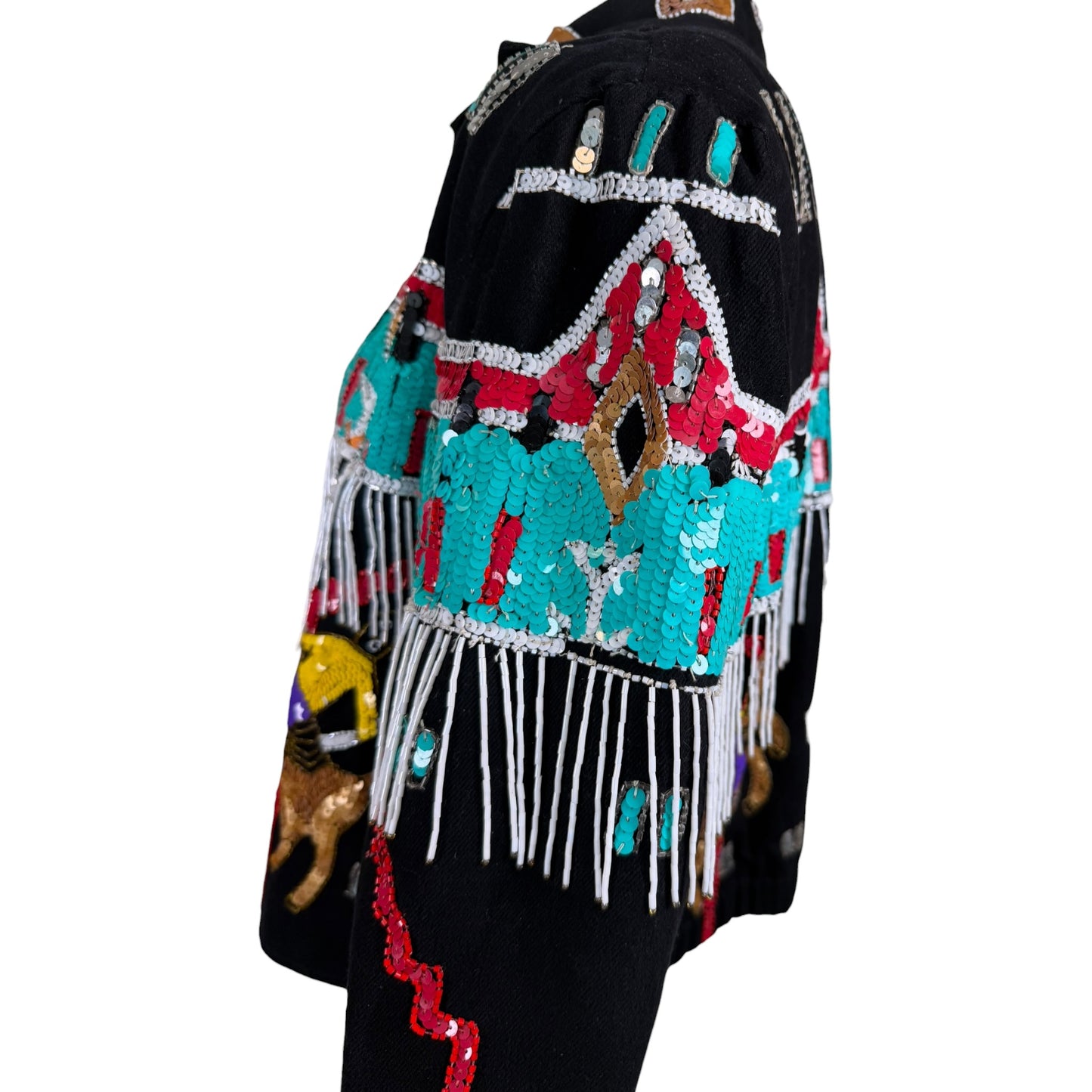 Vintage Modi Denim Black Sequin Beaded Western Fringe Bomber Jacket – Size Medium
