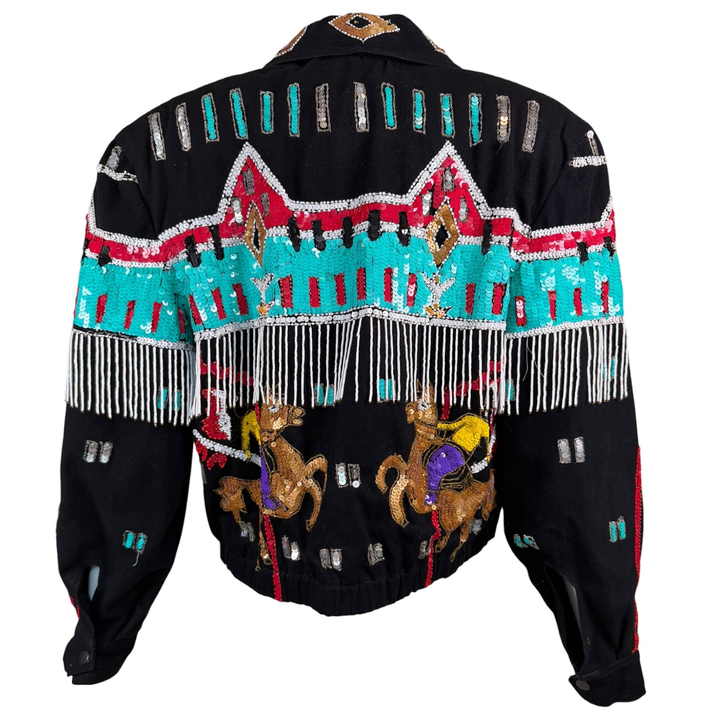 Vintage Modi Denim Black Sequin Beaded Western Fringe Bomber Jacket – Size Medium