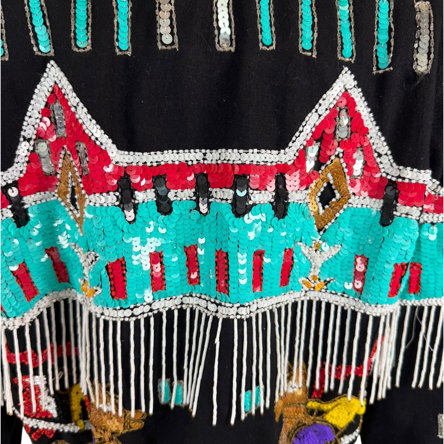 Vintage Modi Denim Black Sequin Beaded Western Fringe Bomber Jacket – Size Medium