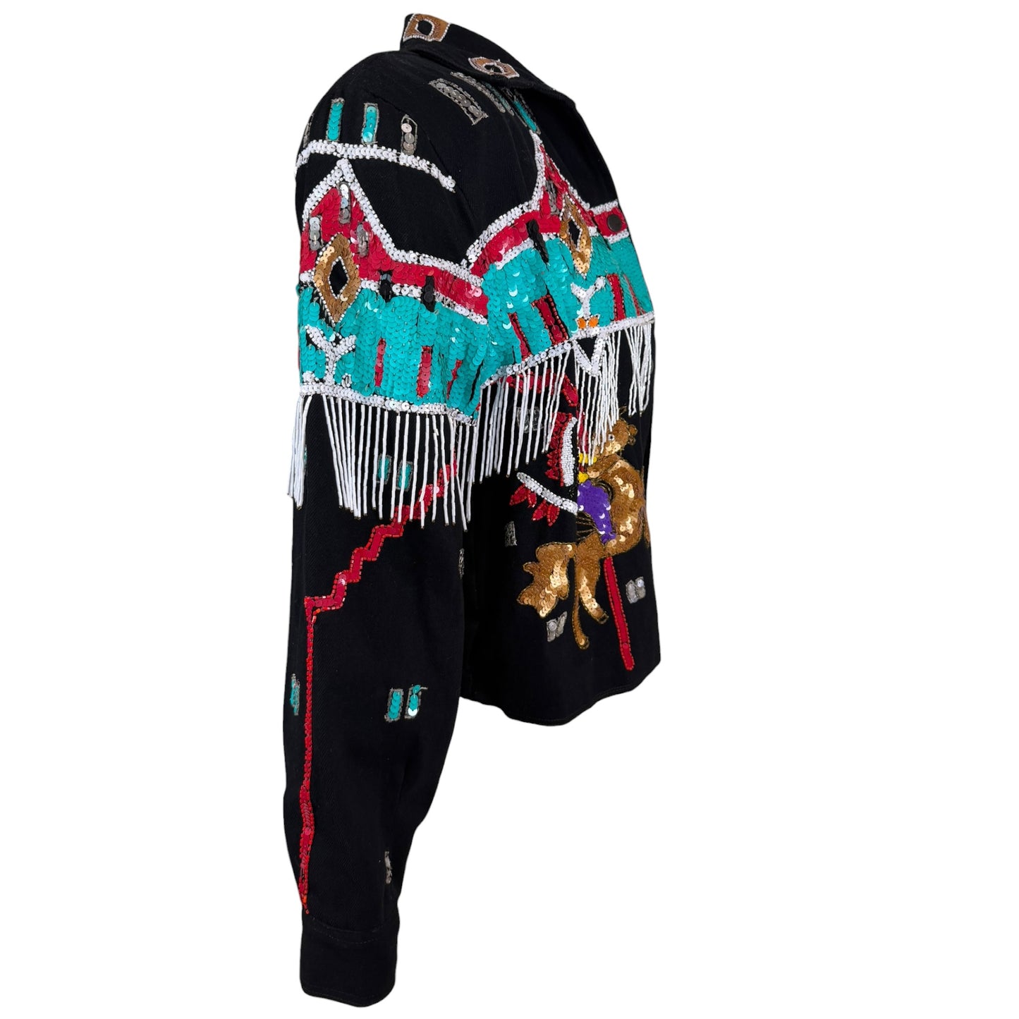 Vintage Modi Denim Black Sequin Beaded Western Fringe Bomber Jacket – Size Medium