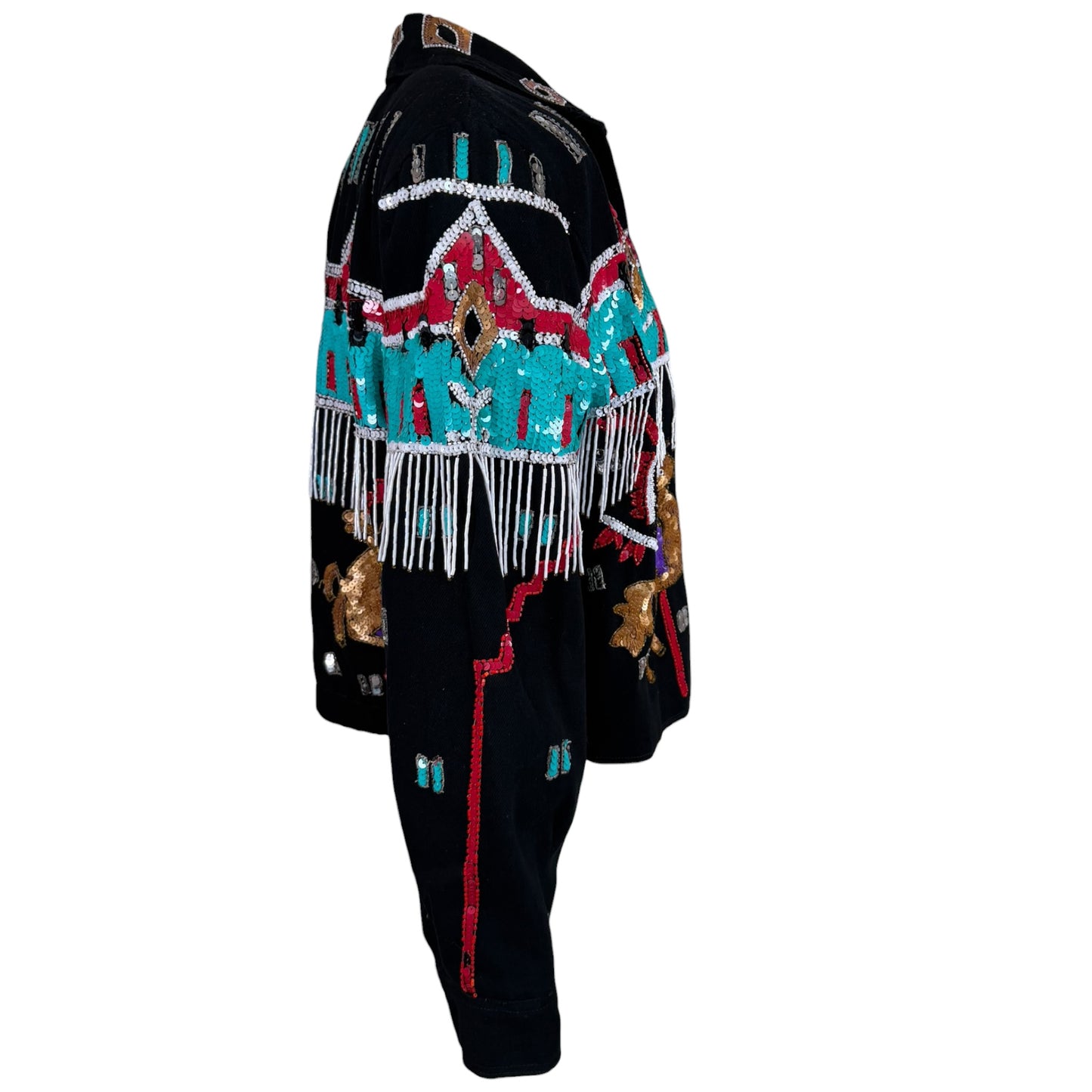Vintage Modi Denim Black Sequin Beaded Western Fringe Bomber Jacket – Size Medium
