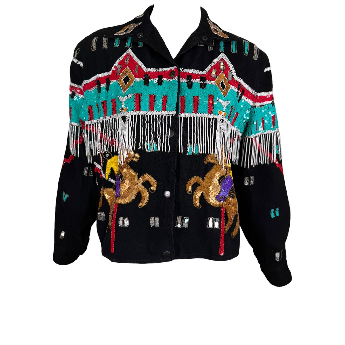Vintage Modi Denim Black Sequin Beaded Western Fringe Bomber Jacket – Size Medium