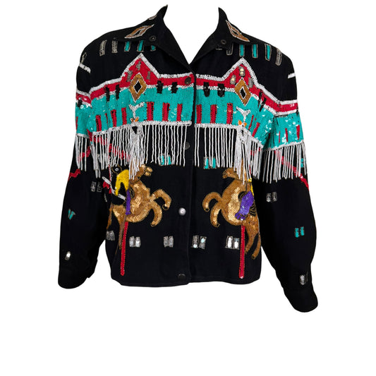 Vintage Modi Denim Black Sequin Beaded Western Fringe Bomber Jacket – Size Medium