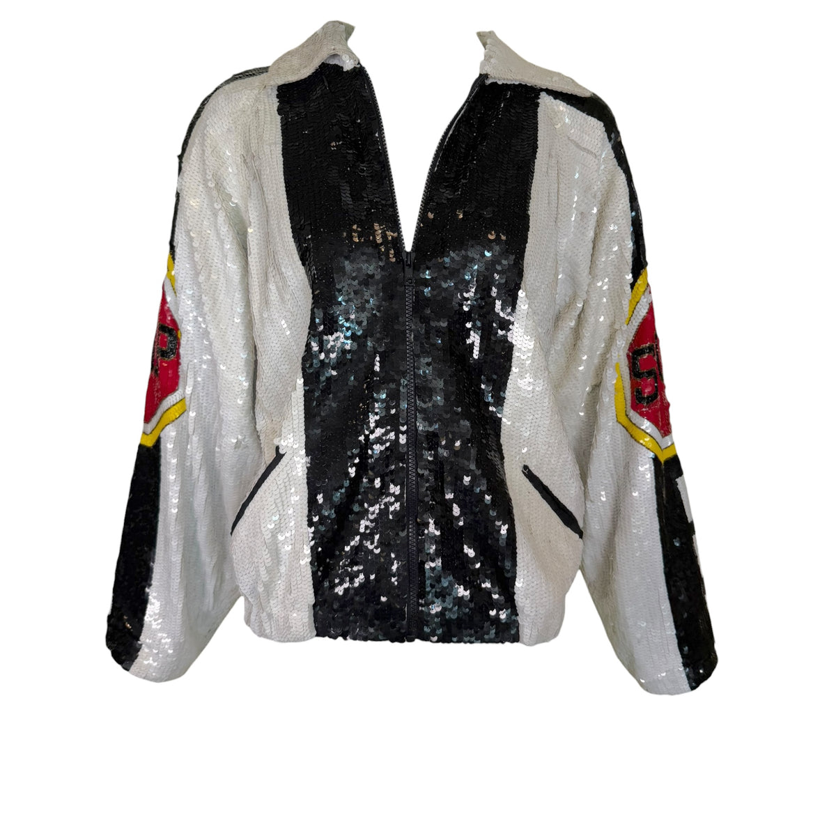 Vintage Lillie Rubin U.S. 101 silk sequin bomber jacket, front view