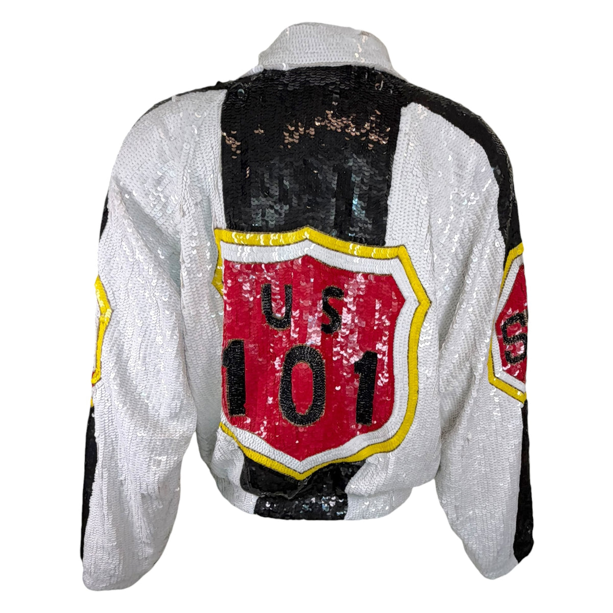 Vintage Lillie Rubin U.S. 101 silk sequin bomber jacket, front patch detail