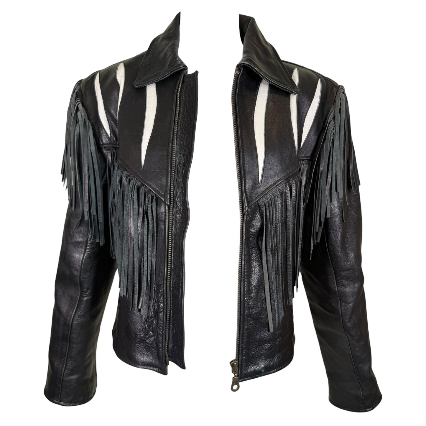 Vintage Vanguard 1980s Black & White Leather Fringe Western Jacket – Size Small