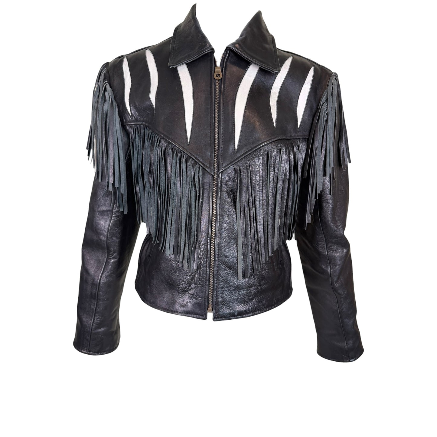 Vintage Vanguard 1980s Black & White Leather Fringe Western Jacket – Size Small