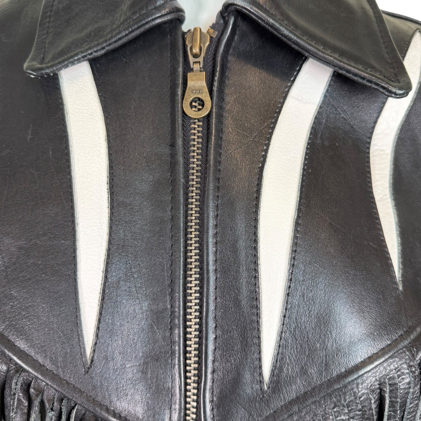 Vintage Vanguard 1980s Black & White Leather Fringe Western Jacket – Size Small