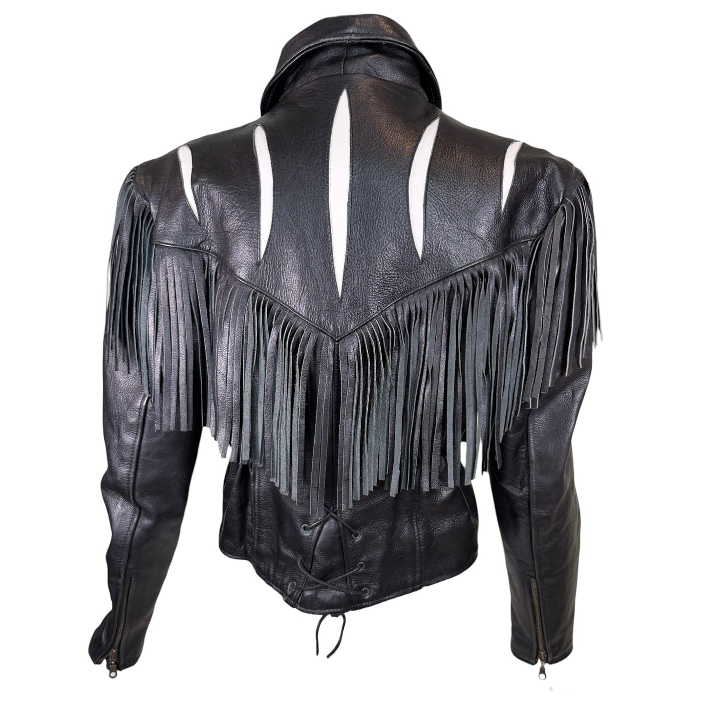 Vintage Vanguard 1980s Black & White Leather Fringe Western Jacket – Size Small