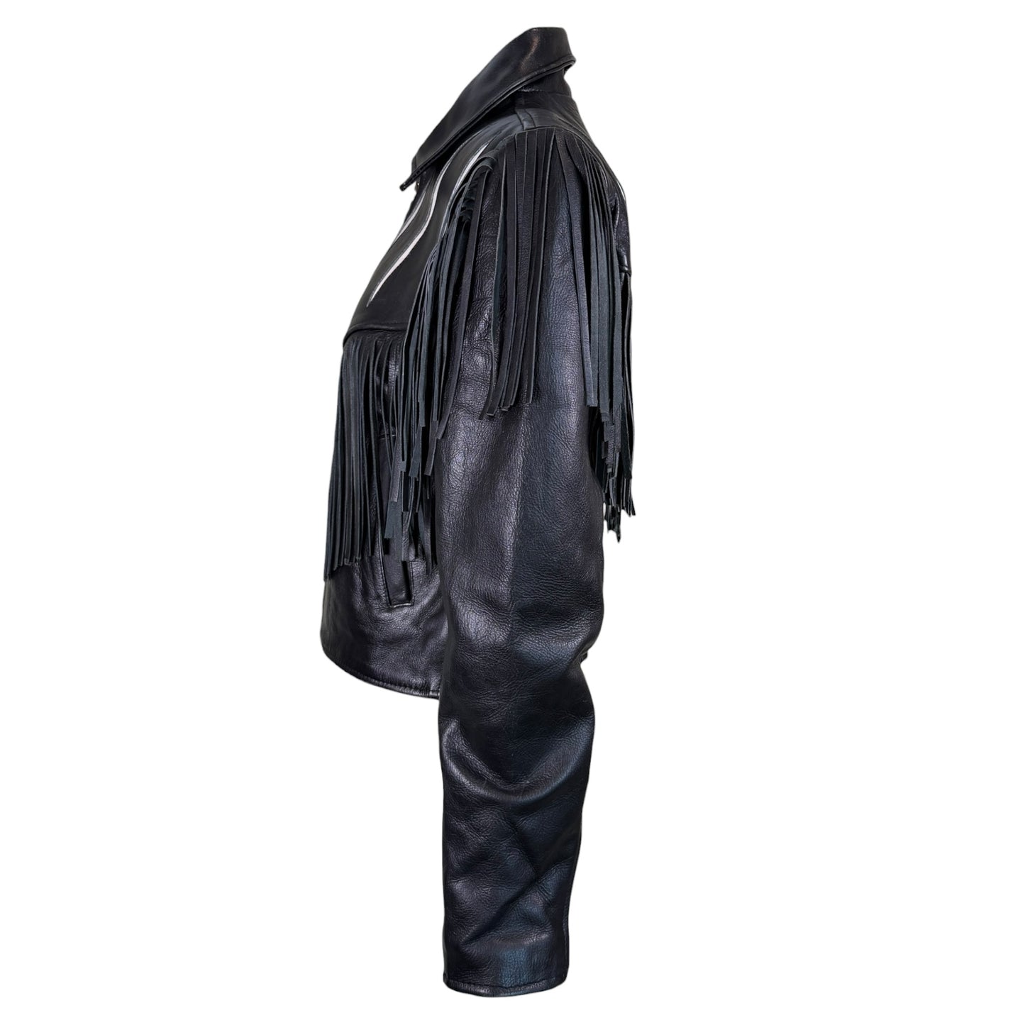Vintage Vanguard 1980s Black & White Leather Fringe Western Jacket – Size Small