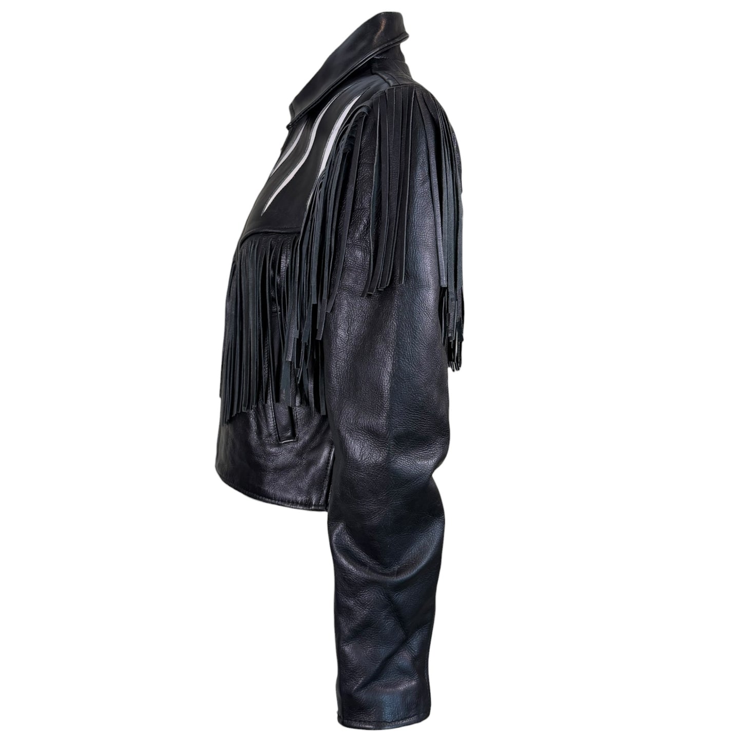 Vintage Vanguard 1980s Black & White Leather Fringe Western Jacket – Size Small