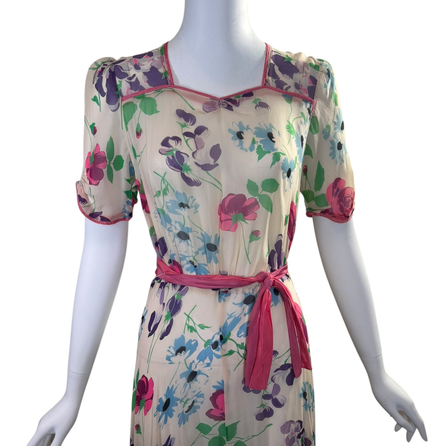 Vintage 1940s Silk Chiffon Watercolor Gown with Pink Sash & Puff Sleeves