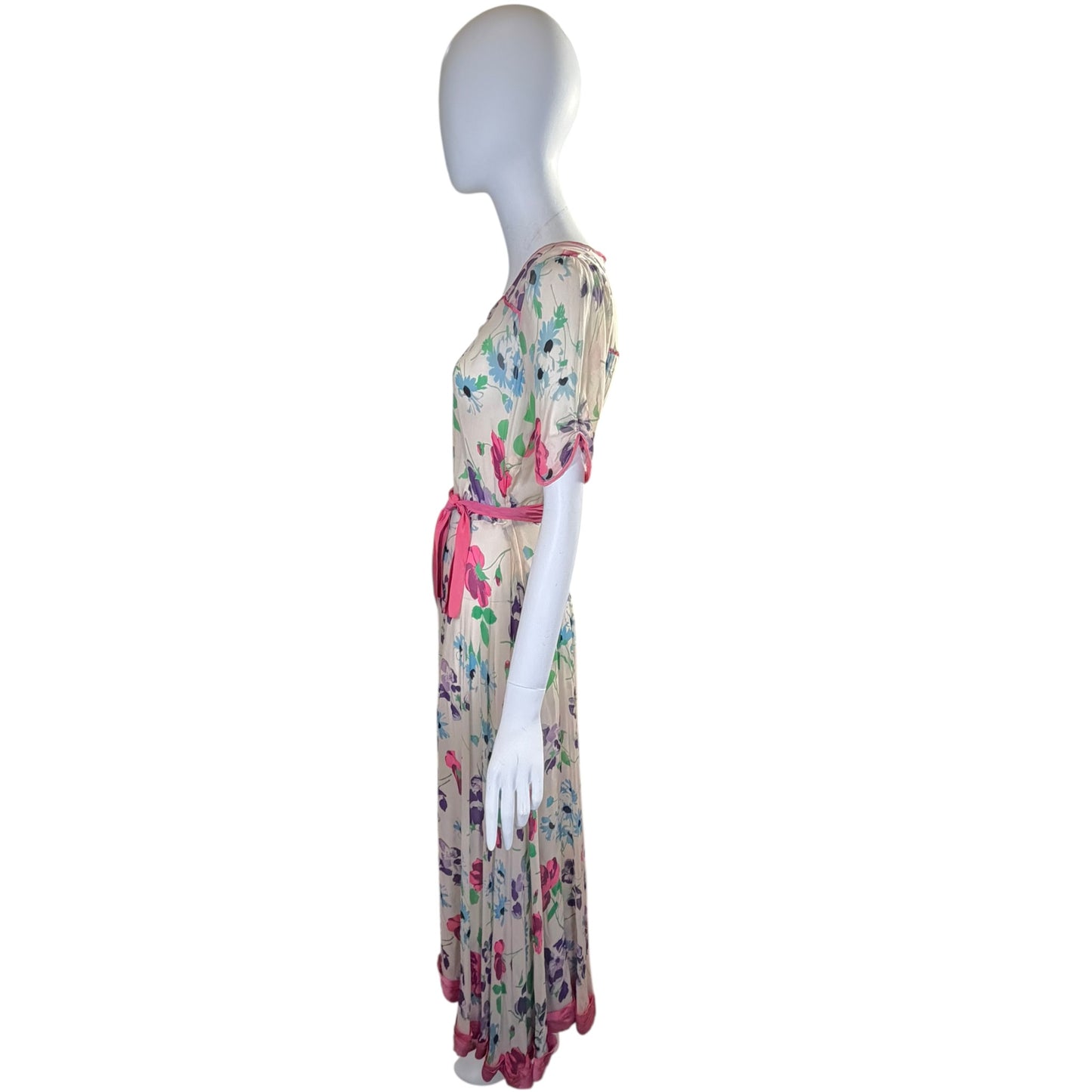 Vintage 1940s Silk Chiffon Watercolor Gown with Pink Sash & Puff Sleeves