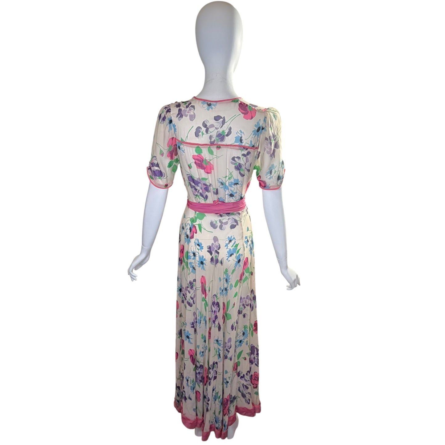 Vintage 1940s Silk Chiffon Watercolor Gown with Pink Sash & Puff Sleeves
