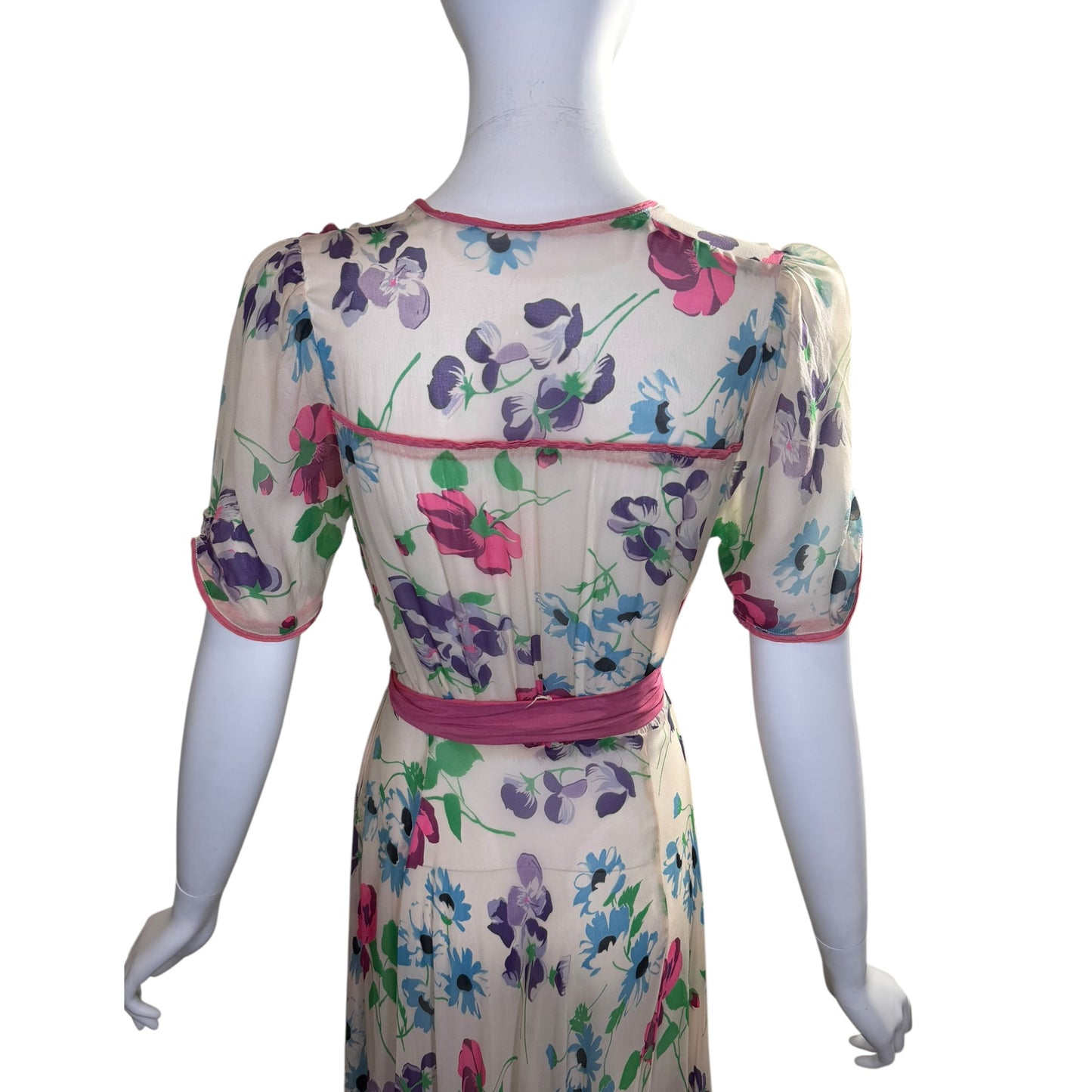 Vintage 1940s Silk Chiffon Watercolor Gown with Pink Sash & Puff Sleeves