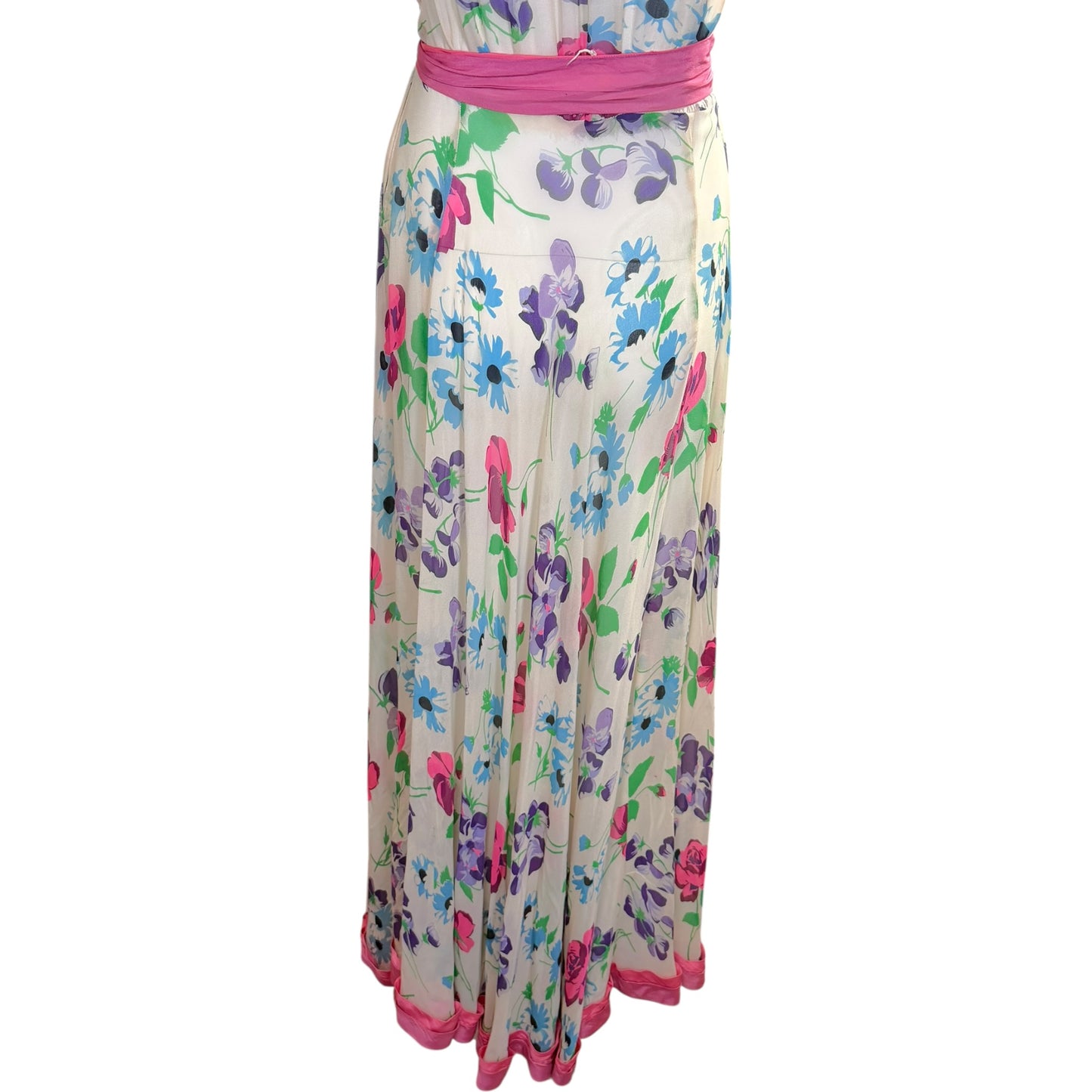 Vintage 1940s Silk Chiffon Watercolor Gown with Pink Sash & Puff Sleeves