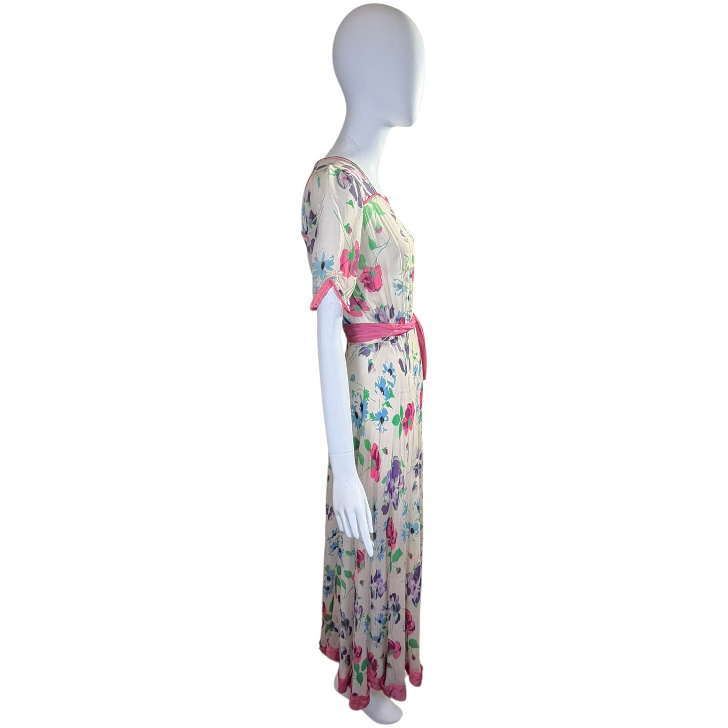 Vintage 1940s Silk Chiffon Watercolor Gown with Pink Sash & Puff Sleeves