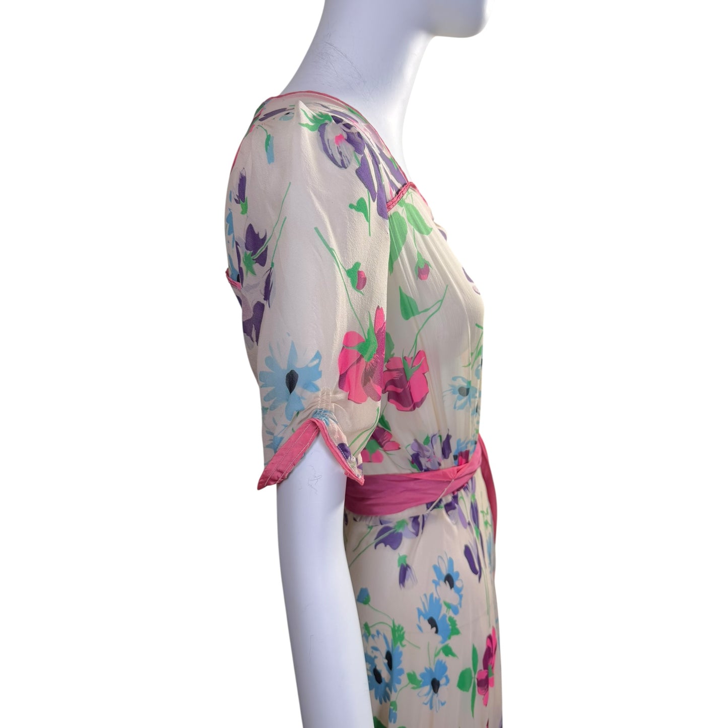 Vintage 1940s Silk Chiffon Watercolor Gown with Pink Sash & Puff Sleeves