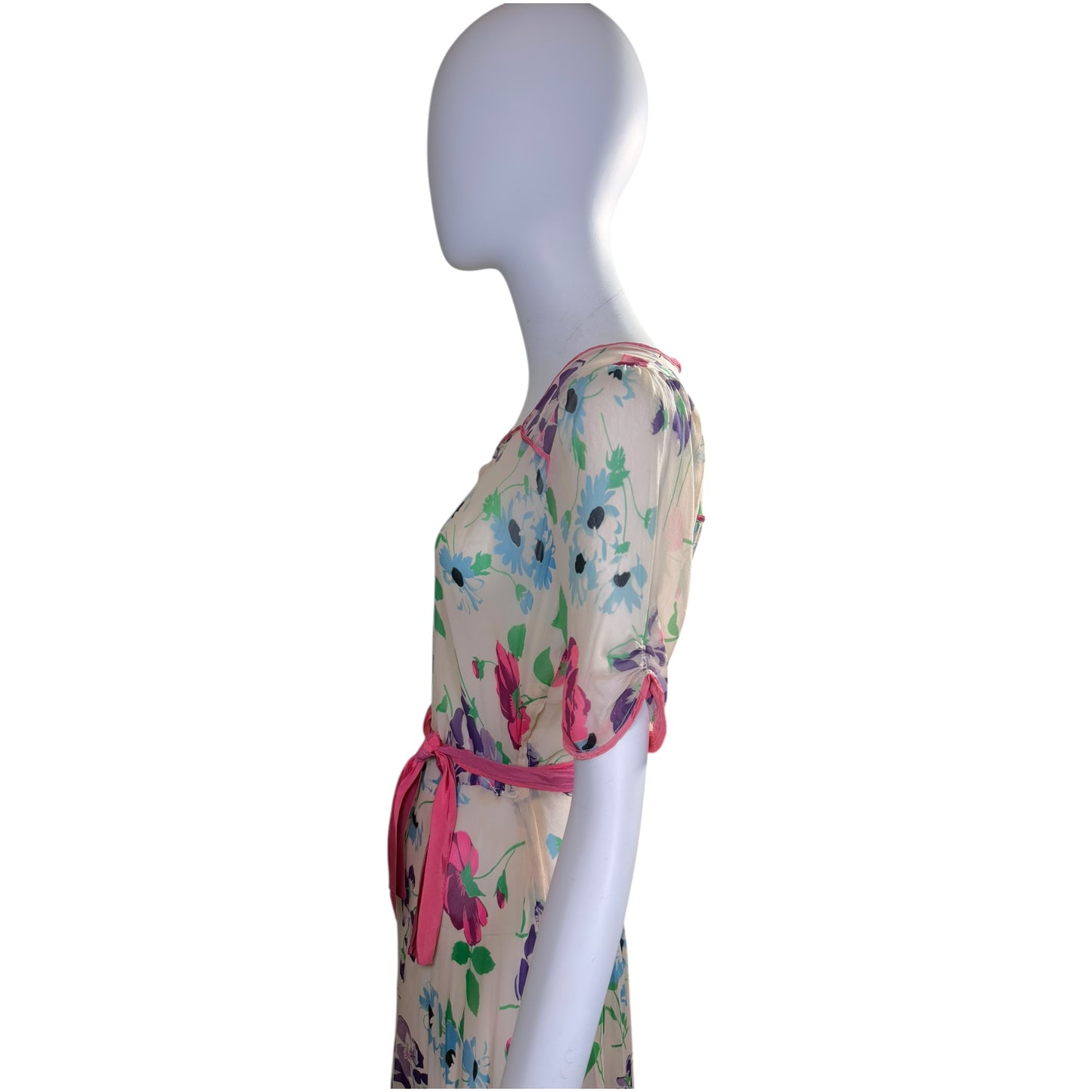 Vintage 1940s Silk Chiffon Watercolor Gown with Pink Sash & Puff Sleeves